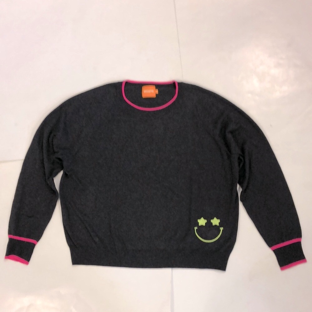 WISPR XL Sweater Dark Grey Neon Pink Trim Yellow Star Eye Smiley Face Excellent